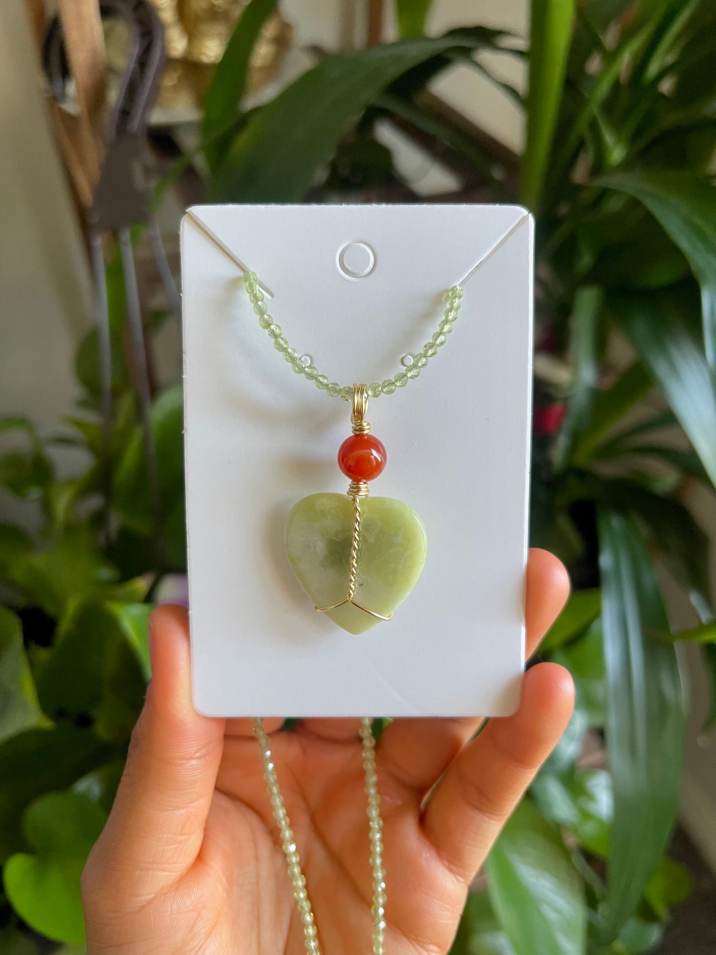 Serpentine Heart Necklace with Carnelian
