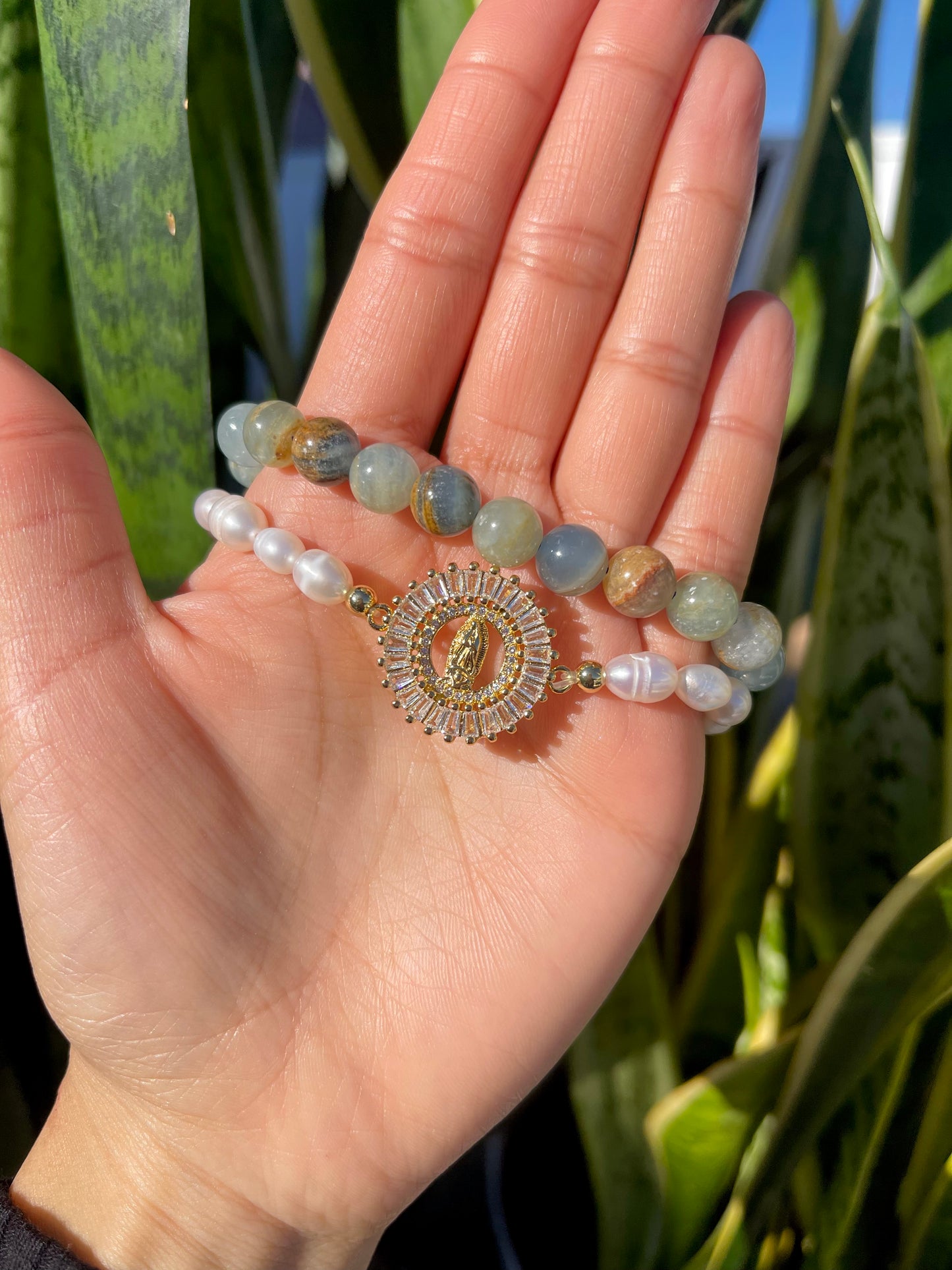 Lemurian Aquatine Calcite Bracelet Set