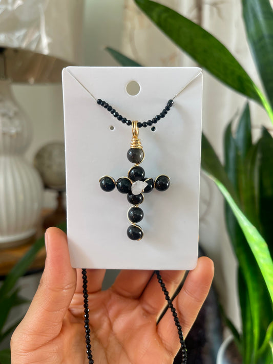 Silver Obsidian Cross Necklace