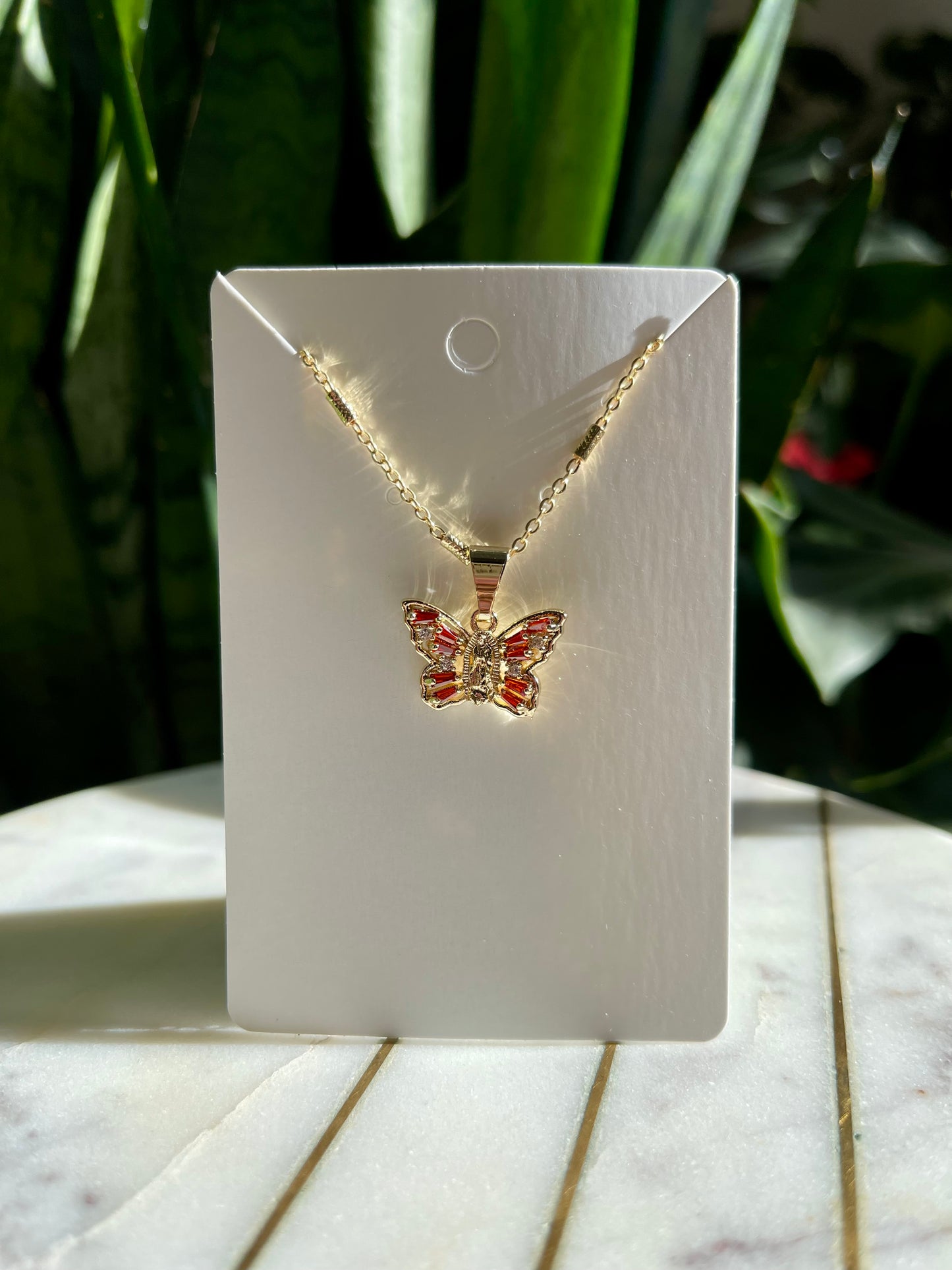 Virgin Mary Butterfly Necklace In Red