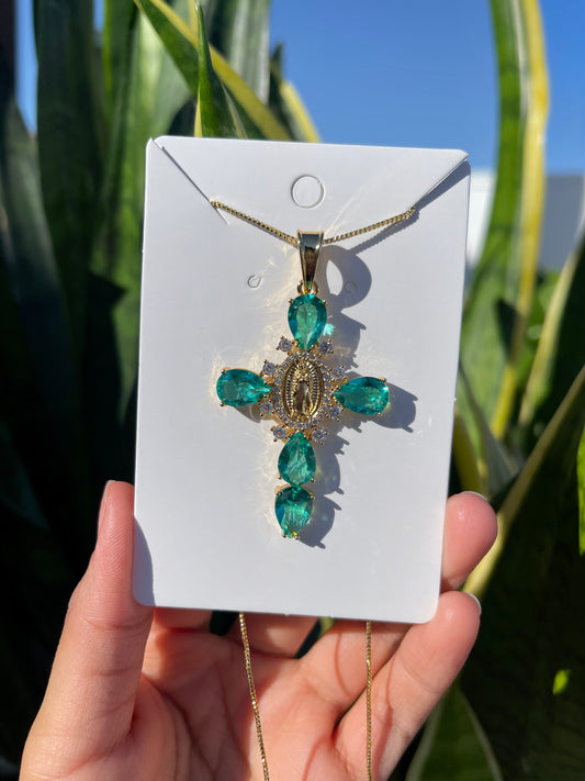 Turquoise Virgin Mary Cross In Gold