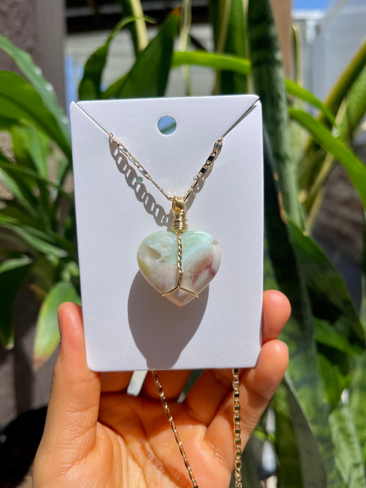 Green Flower Agate Heart Necklace