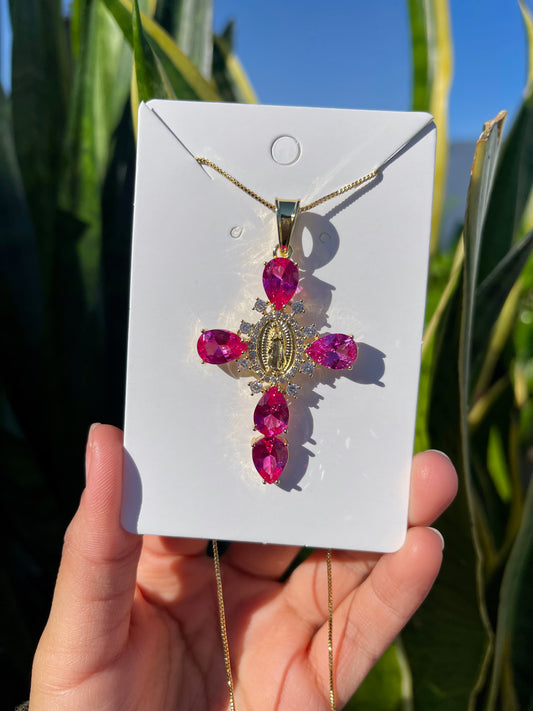 Hot Pink Virgin Mary Cross In Gold