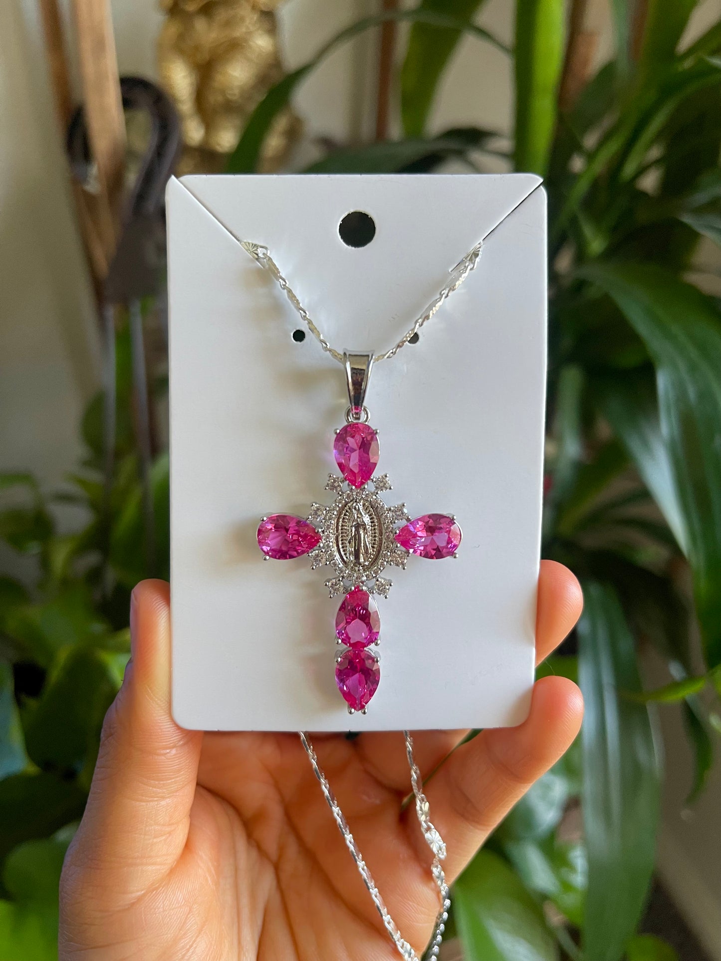 Hot Pink Virgin Mary Cross in Silver