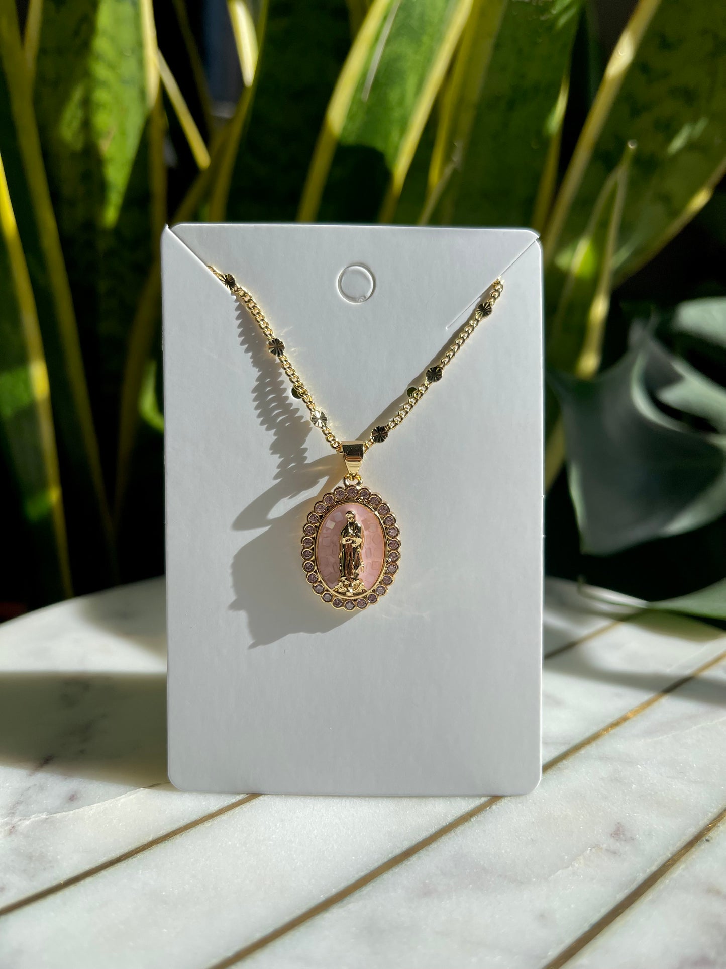 Pink Virgin Mary Necklace